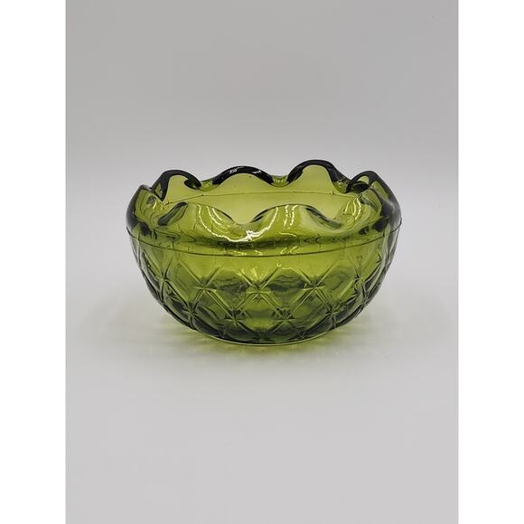 Vintage Indiana Glass Co Avocado Green Quilted Diamond Ruffled Bowl Glass - Picture 11 of 11